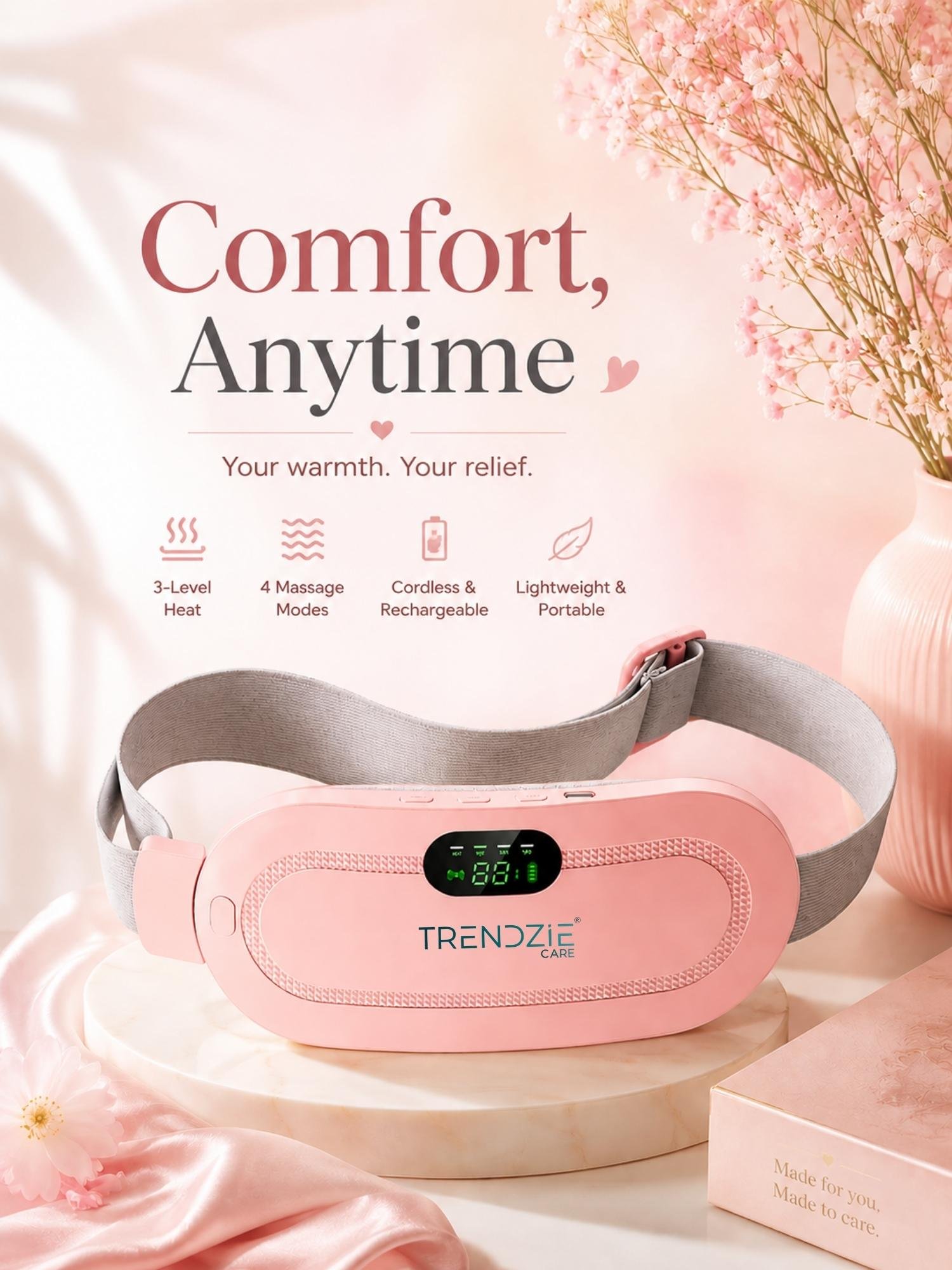 Trendzie Care Period Cramp Relief Heating Belt with Massage Trendzie Care Rechargeable Period Cramp Relief Heating Belt with 3 Heat Levels and 4 Massage Modes for Menstrual Pain, Lower Back, Waist and Abdominal Relief